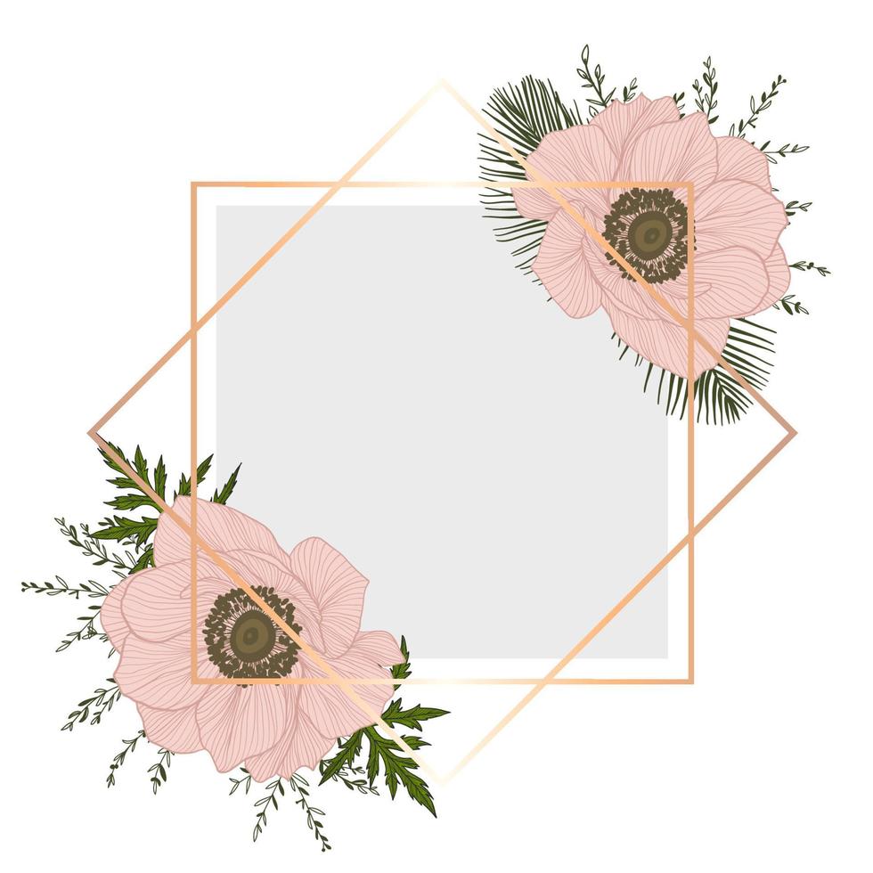 cadre vintage avec des fleurs. carte avec des anémones roses et des brunchs verts. vecteur