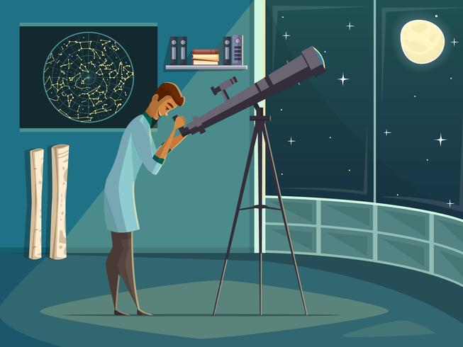 Astronome avec affiche de dessin animé rétro télescope vecteur