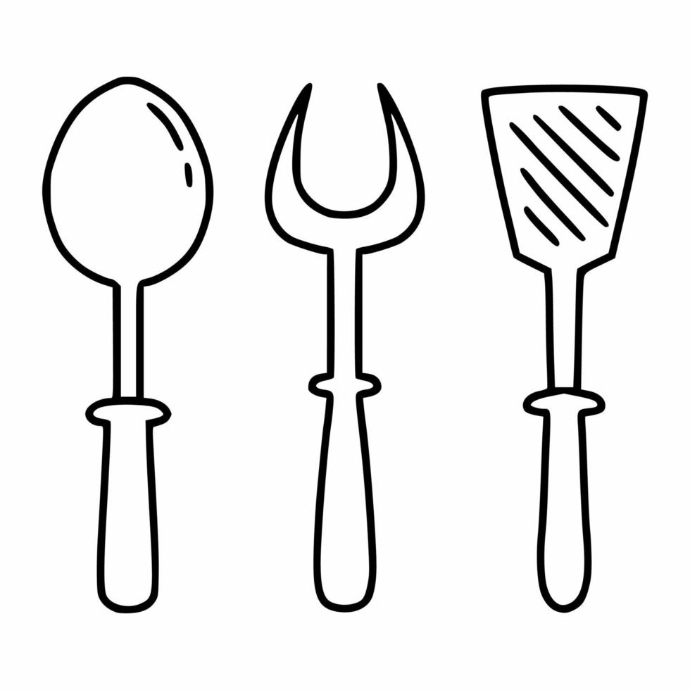 couverts pour cuisiner dans la cuisine. cuillère, fourchette et spatule. icône de vecteur dans le style doodle.