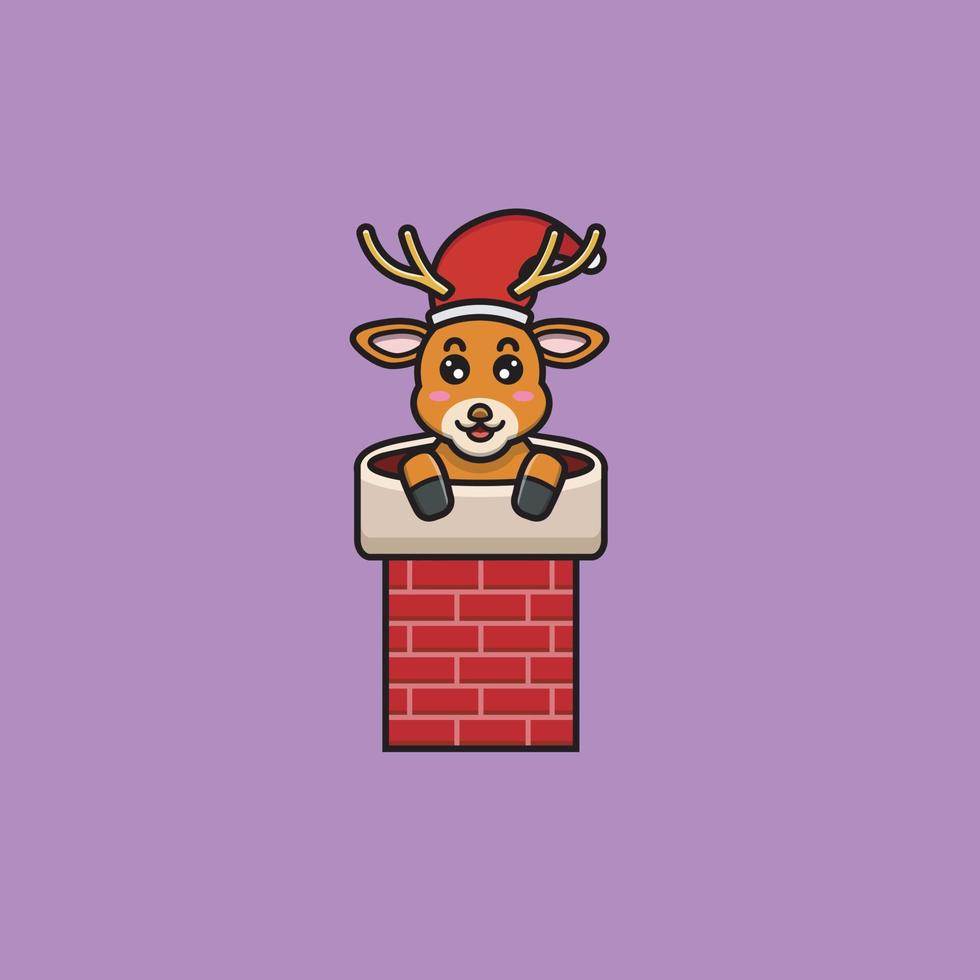 personnage mignon bébé santa deer sur la cheminée de la maison. personnage, mascotte, icône et design mignon. vecteur