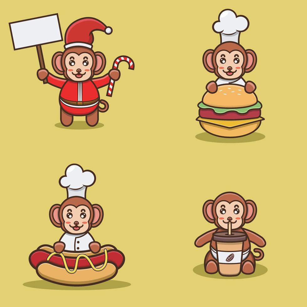 ensemble de personnage mignon de bébé singe avec diverses poses. noël, chef sur hamburger, hot-dog et sur une tasse de café. vecteur