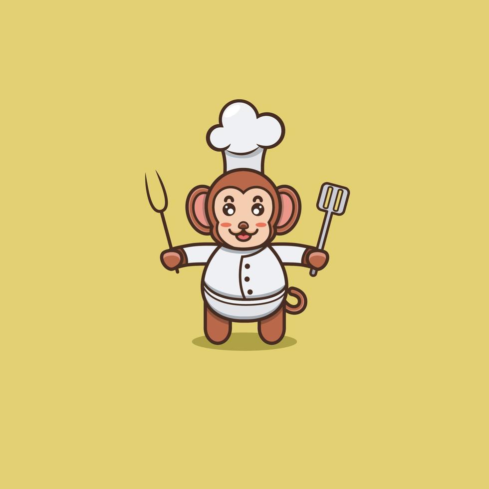 chef mignon de bébé singe. personnage, mascotte, logo, dessin animé, icône et design mignon. vecteur