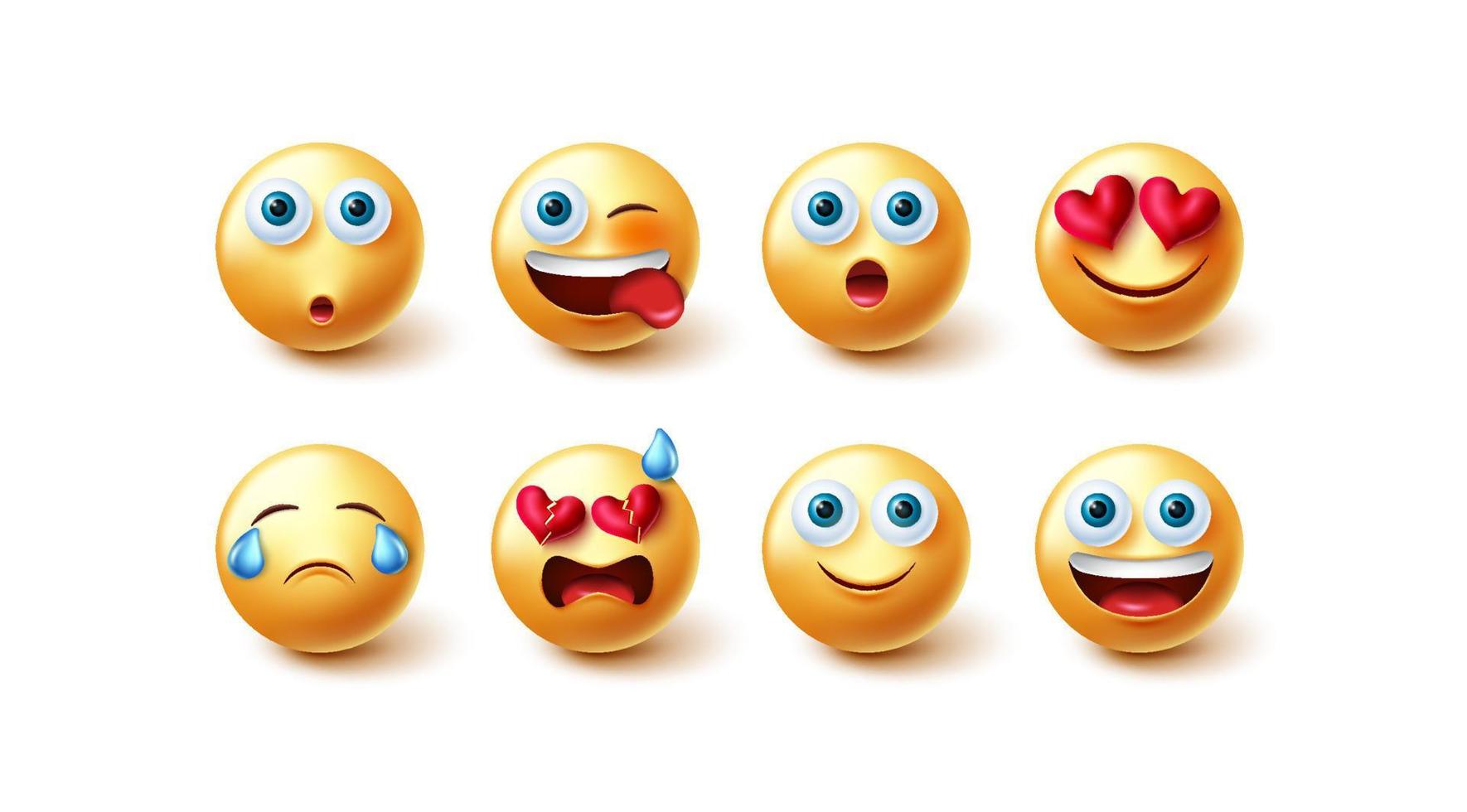 ensemble de vecteurs de caractères emoji. collection 3d d'émoticônes emojis dans des expressions faciales mignonnes isolées sur fond blanc pour la conception graphique d'expressions faciales de caractère d'émoticônes. illustration vectorielle. vecteur