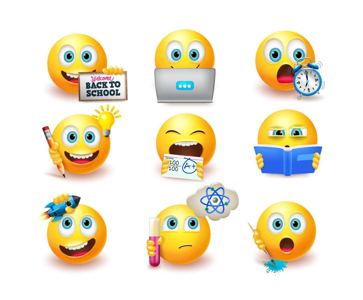 émoticône retour à l'ensemble de vecteurs d'emoji de l'école. émoticônes avec pose éducative et expressions comme étudier et penser pour la conception de la collection de personnages emojis étudiants. illustration vectorielle vecteur