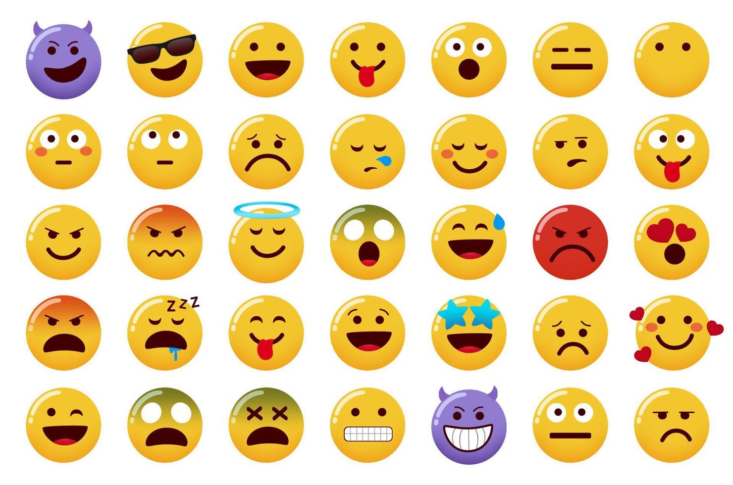 ensemble de vecteurs d'émoticônes emojis. caractère d'émoticônes isolé sur fond blanc avec des expressions faciales souriantes, diaboliques, en colère et malades pour la conception de personnages emoji. illustration vectorielle. vecteur