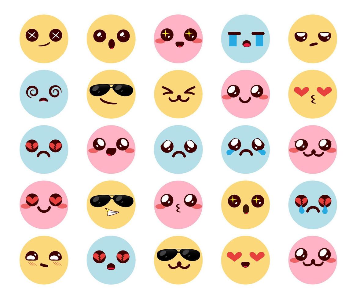 Ensemble de vecteurs d'émoticônes colorées kawaii. emoji chibi émoticône personnages mignons avec des expressions de visages heureux, souriants, amicaux et tristes pour la conception de la collection d'emojis kawaii. illustration vectorielle. vecteur