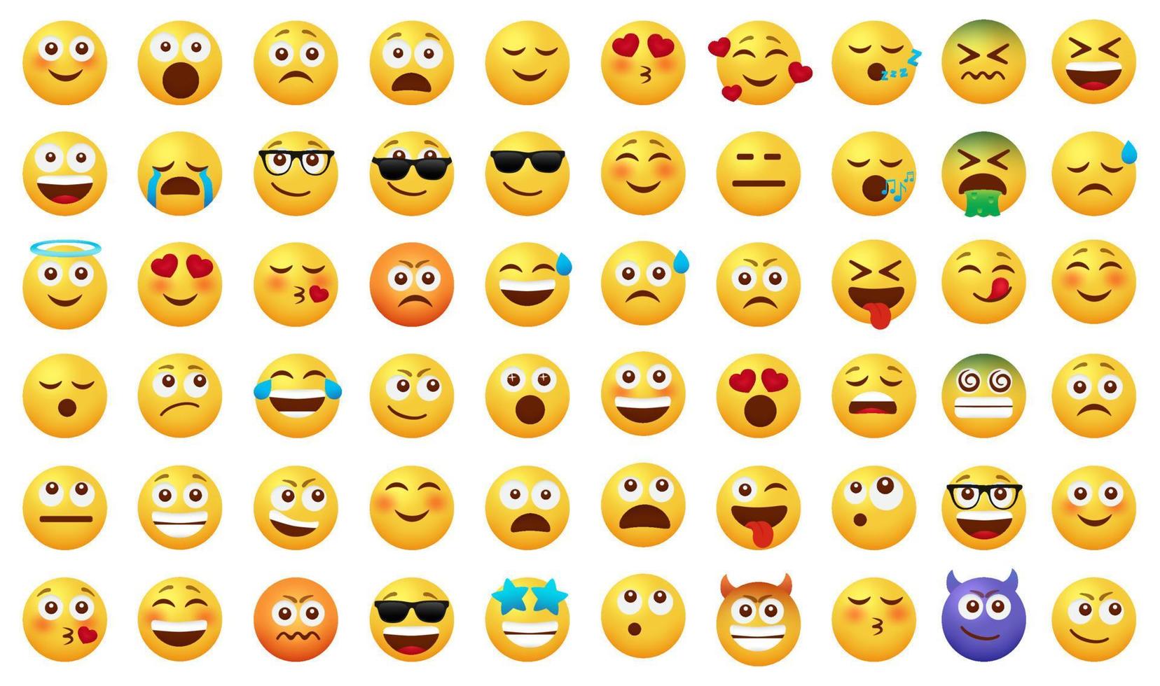 ensemble de vecteurs d'émoticônes emojis. personnages emoji avec des expressions faciales heureuses, drôles, tristes et amoureuses isolées sur fond blanc pour la conception de collection de dessins animés d'icônes d'émoticônes. illustration vectorielle vecteur