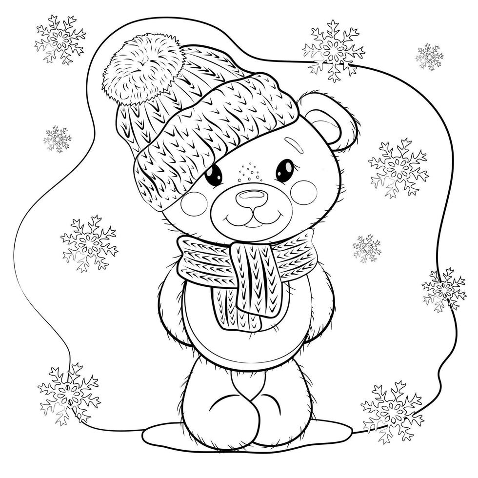 Coloriage de Noël poupée ours en peluche dessin animé mignon dans un chapeau et une écharpe sur un fond bleu - blanc avec des flocons de neige. illustration vectorielle. vecteur