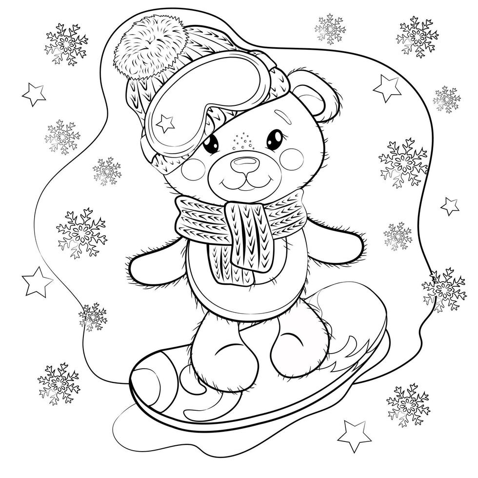 ours en peluche de dessin animé mignon dans une écharpe tricotée, un chapeau, des lunettes et sur un snowboard. illustration de contour d'hiver de vecteur. nouvel an, illustration de noël avec des flocons de neige en arrière-plan. coloriage. vecteur