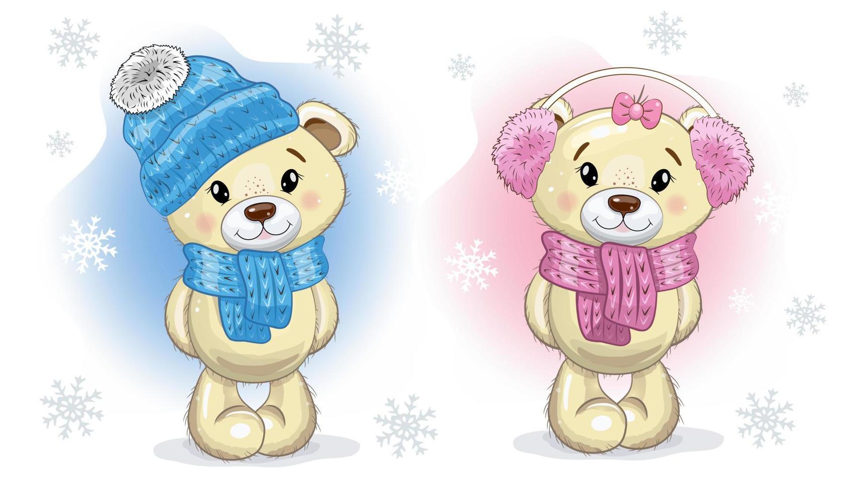 Noël mignon dessin animé nounours garçon et fille porte des écharpes tricotées, un chapeau et des écouteurs sur un fond avec des flocons de neige. illustration vectorielle. vecteur
