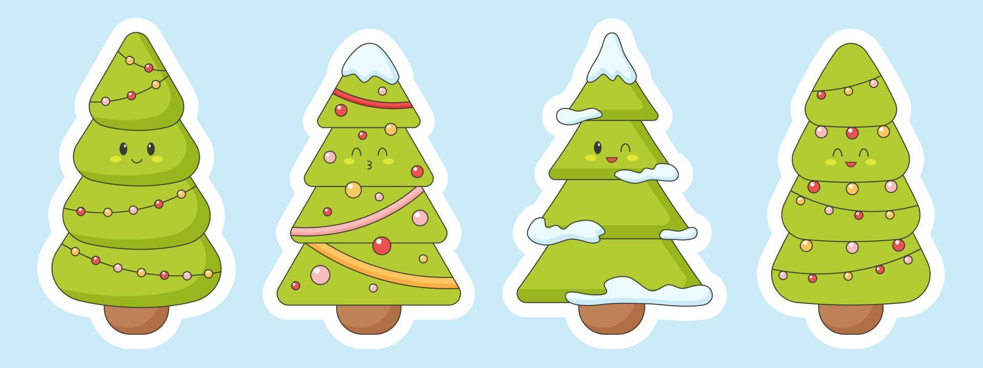 ensemble d'arbres de Noël mignons dans un style kawaii. autocollants avec différentes émotions. vecteur plat avec contour blanc, isolé.