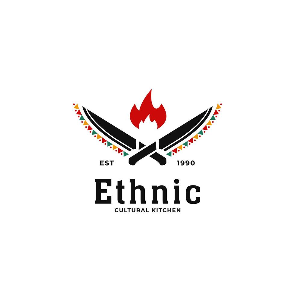 logo de restaurant d'âme de cuisine culturelle africaine traditionnelle ethnique avec l'icône de couteau et de feu chaud vecteur