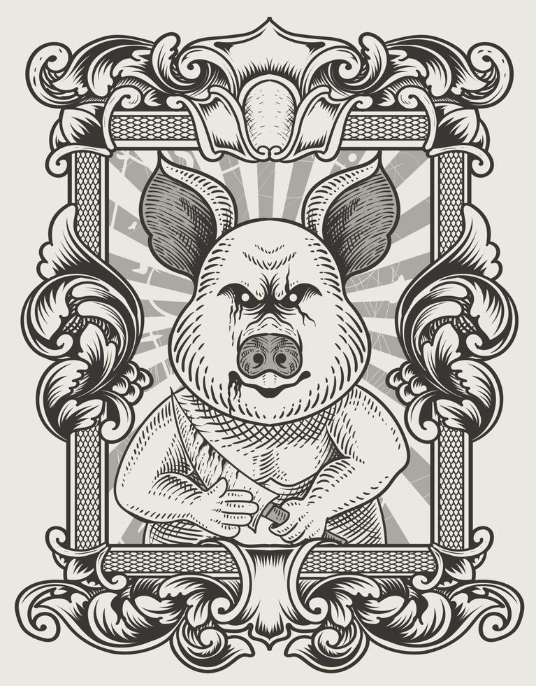 illustration cochon psychopathe vintage avec style de gravure vecteur