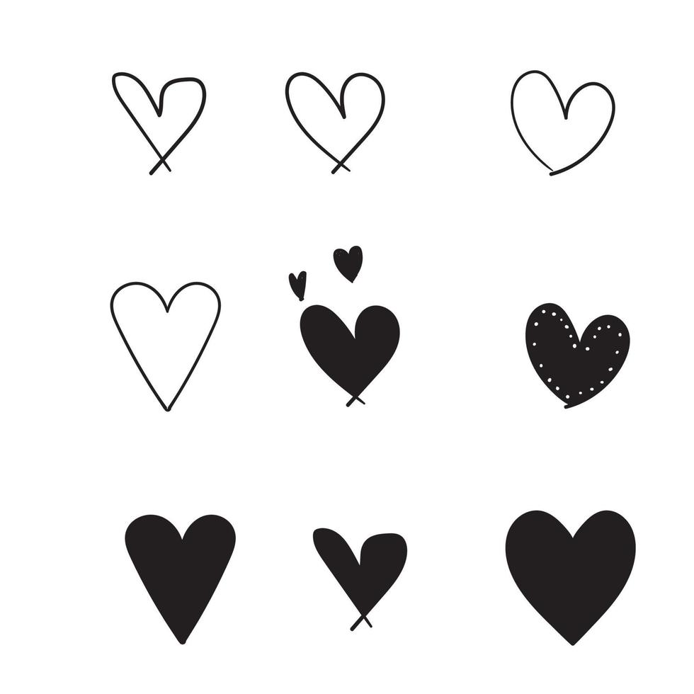 collection d'icônes de coeur avec vecteur de style doodle dessinés à la main isolé sur blanc