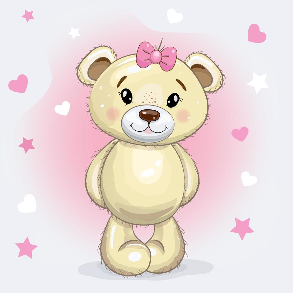 fille d'ours en peluche de dessin animé mignon avec un arc sur isolé sur fond rose avec des coeurs et des étoiles. illustration vectorielle. vecteur