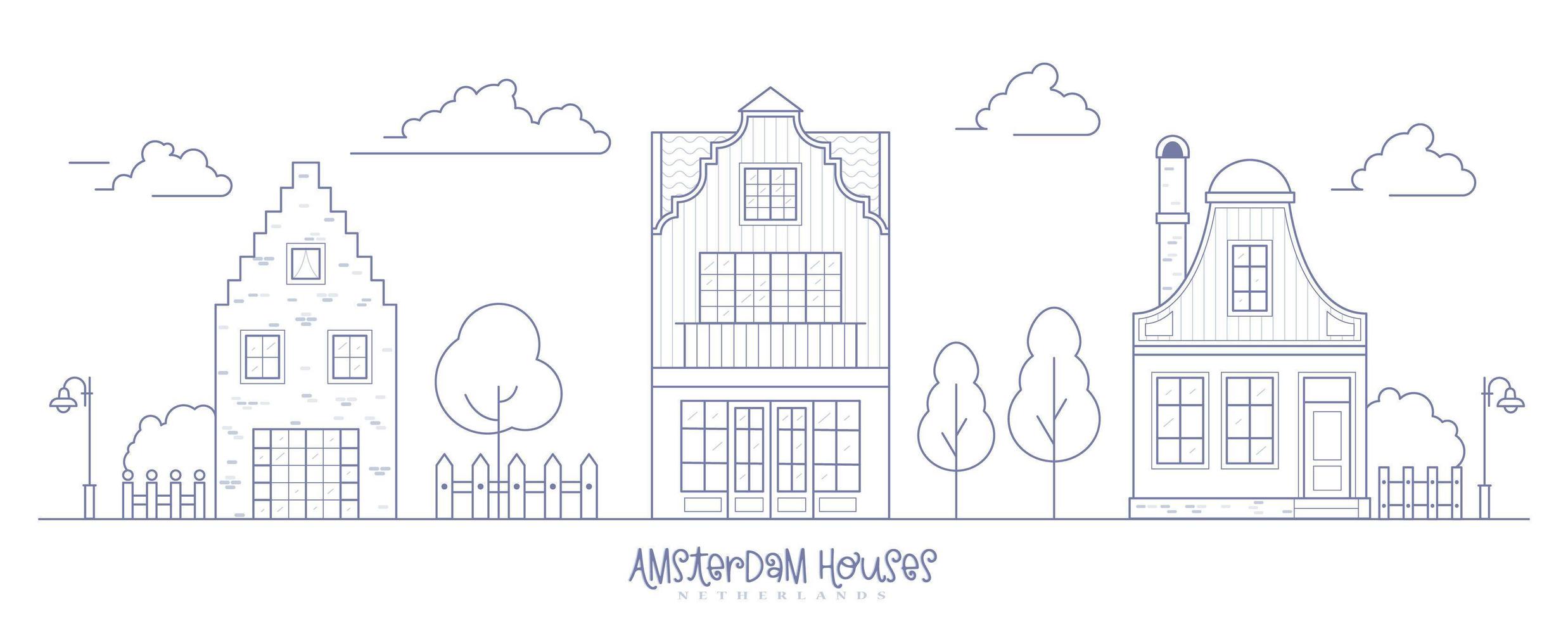 maisons de quartier europe. banlieue hollandaise avec des maisons confortables. façades d'anciens bâtiments traditionnels aux Pays-Bas. illustration vectorielle de contour. vecteur