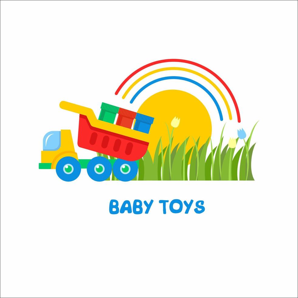 jouets enfants. signe vectoriel, le logo du magasin de jouets. camion à benne basculante pour enfants décharge de la peinture. vecteur