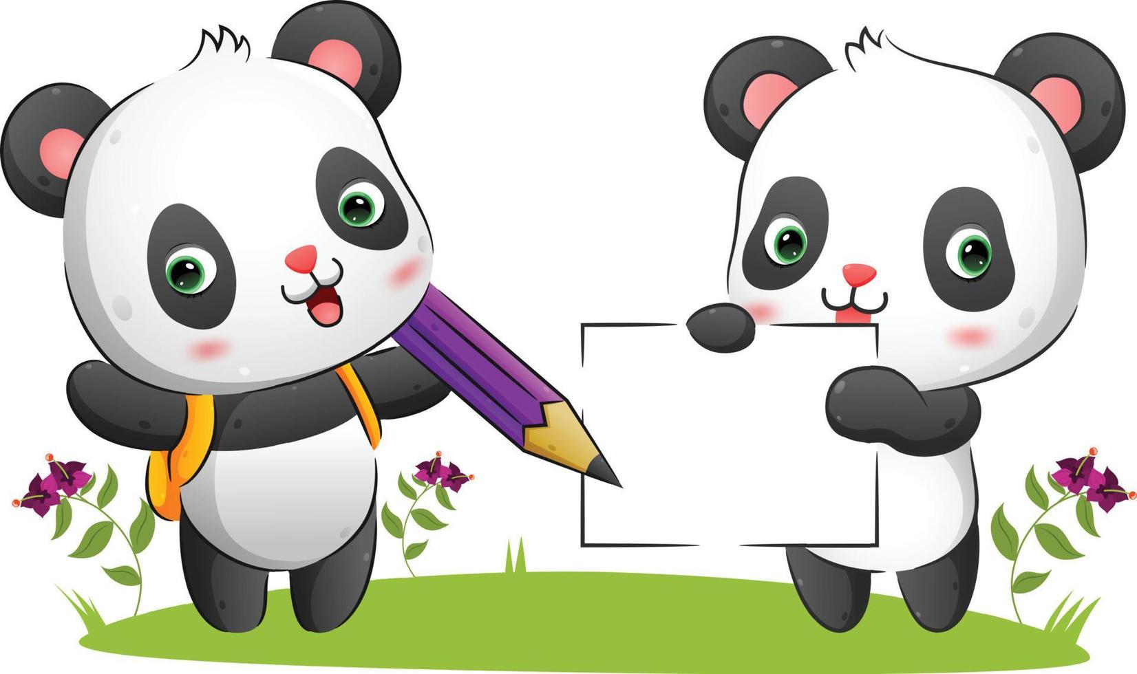 le couple de panda mignon tient un papier vierge et un gros crayon dans le parc vecteur