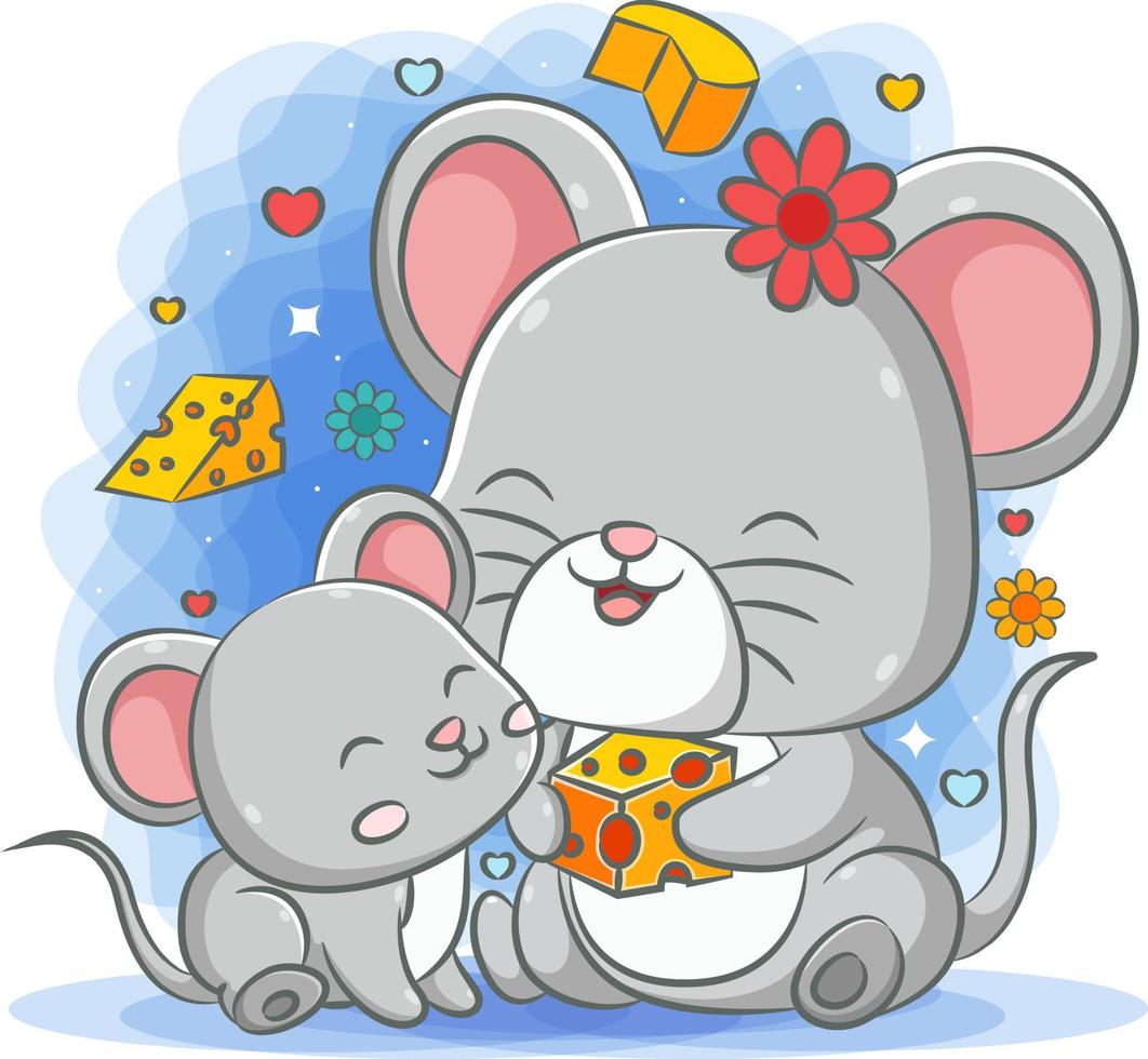 la mère souris grise donnant le fromage à son bébé souris vecteur