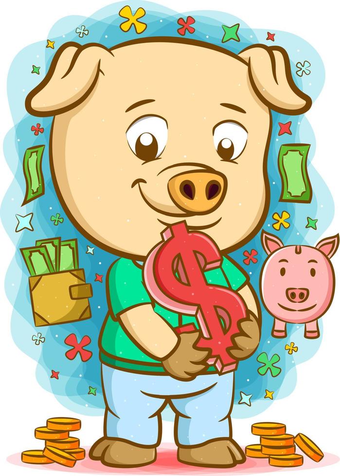 le cochon tenant le gros signe dollar avec l'argent autour de lui vecteur
