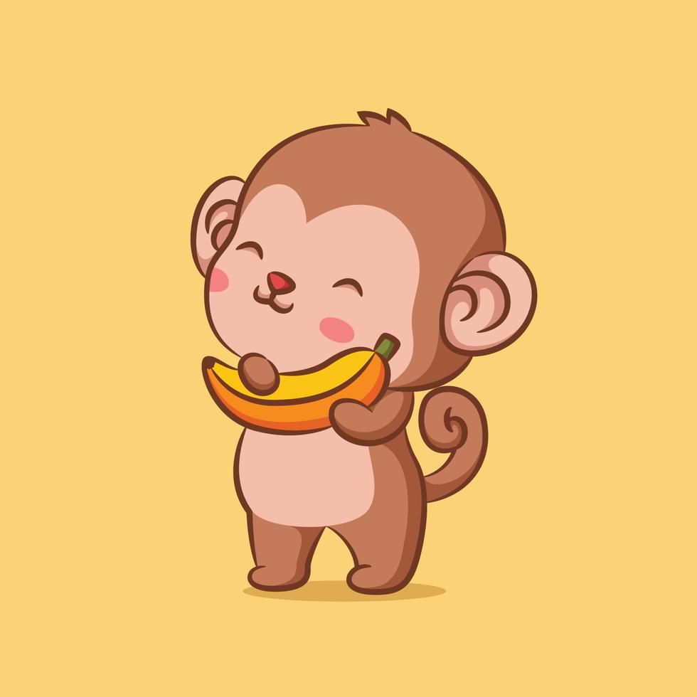 le bébé singe est debout et tient la petite banane vecteur