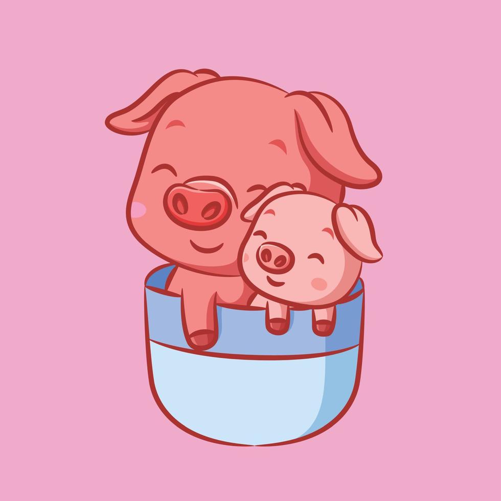 les deux cochons roses dorment sur la tasse de thé bleue vecteur