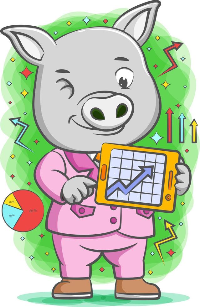 le cochon fait la présentation avec le graphique dans la tablette vecteur