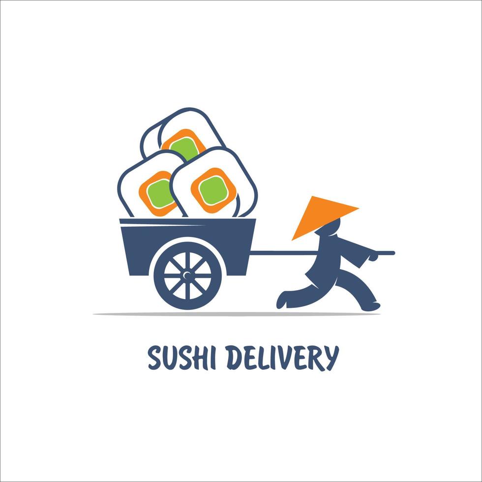 livraison de sushis. logo vectoriel. un chinois avec une charrette. vecteur