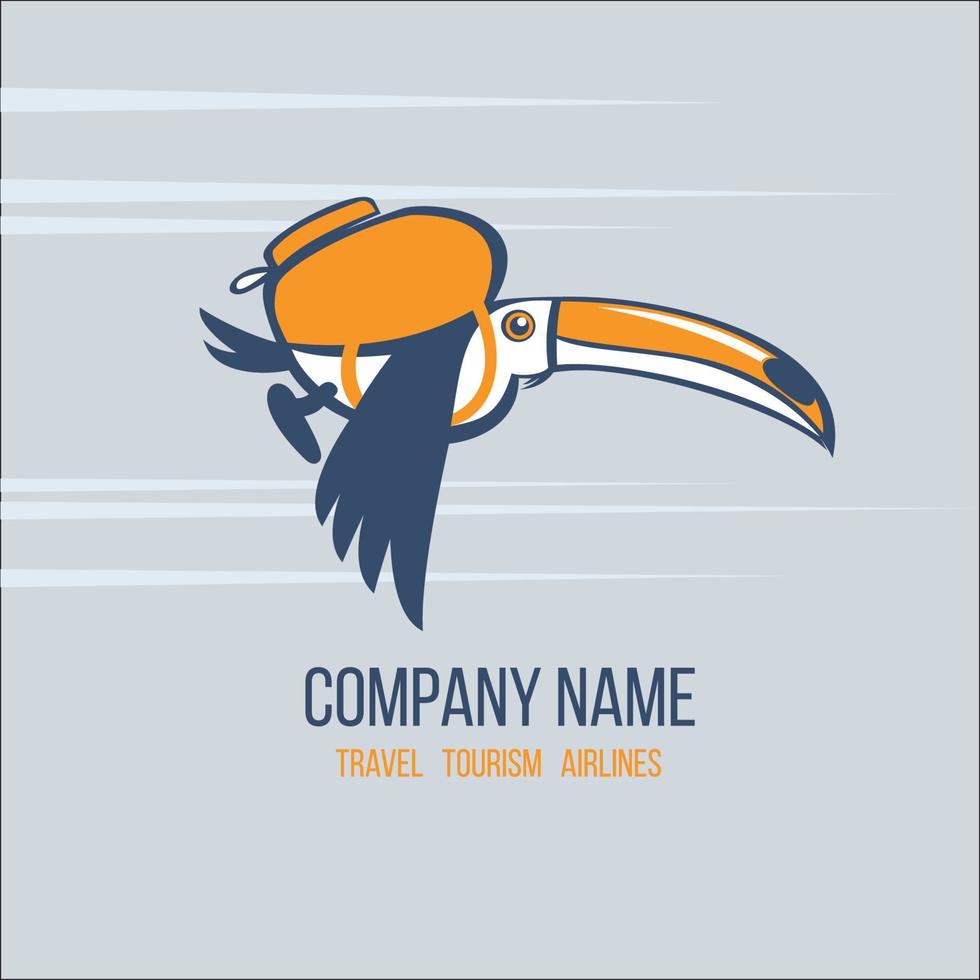 toucan. toucan volant en vacances avec un sac à dos. logo vectoriel pour agence de voyages ou compagnie aérienne.