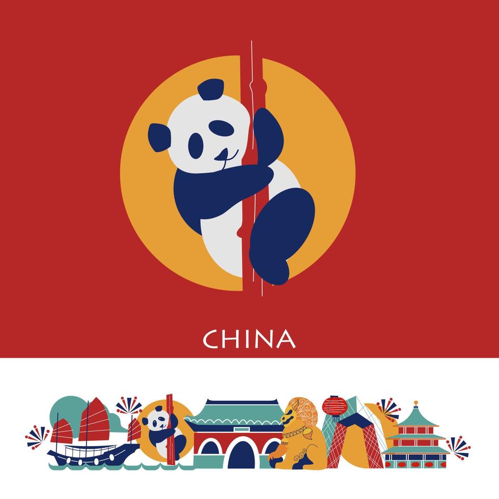 architecture chinoise. un ensemble d'éléments de l'architecture et de la culture chinoises traditionnelles. statue d'un lion dans une ville perdue, panda, architecture moderne. illustration vectorielle. vecteur