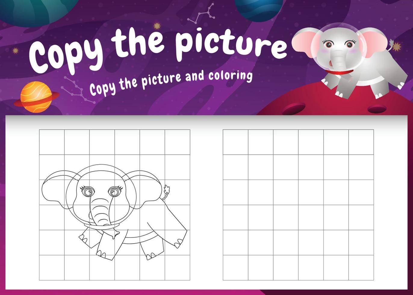 copiez le jeu d'enfants et la page de coloriage avec un éléphant mignon dans la galaxie de l'espace vecteur