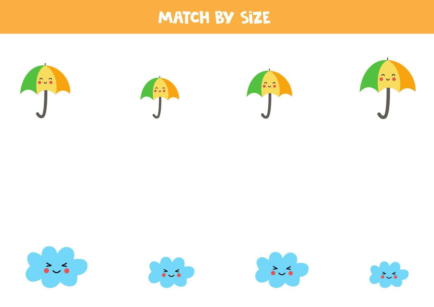 jeu d'association pour les enfants d'âge préscolaire. Associez les nuages et les parapluies par taille. vecteur