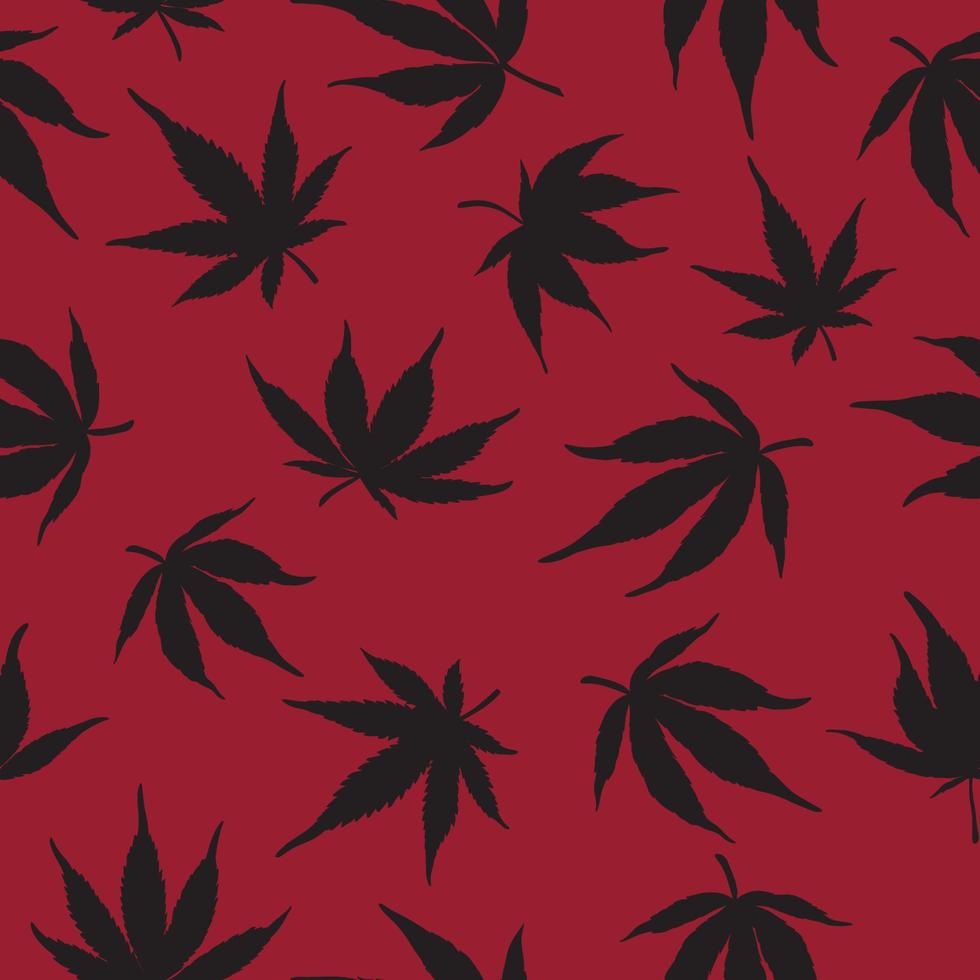 motif de chanvre noir sur fond rouge. motif de marijuana sur fond rouge vecteur