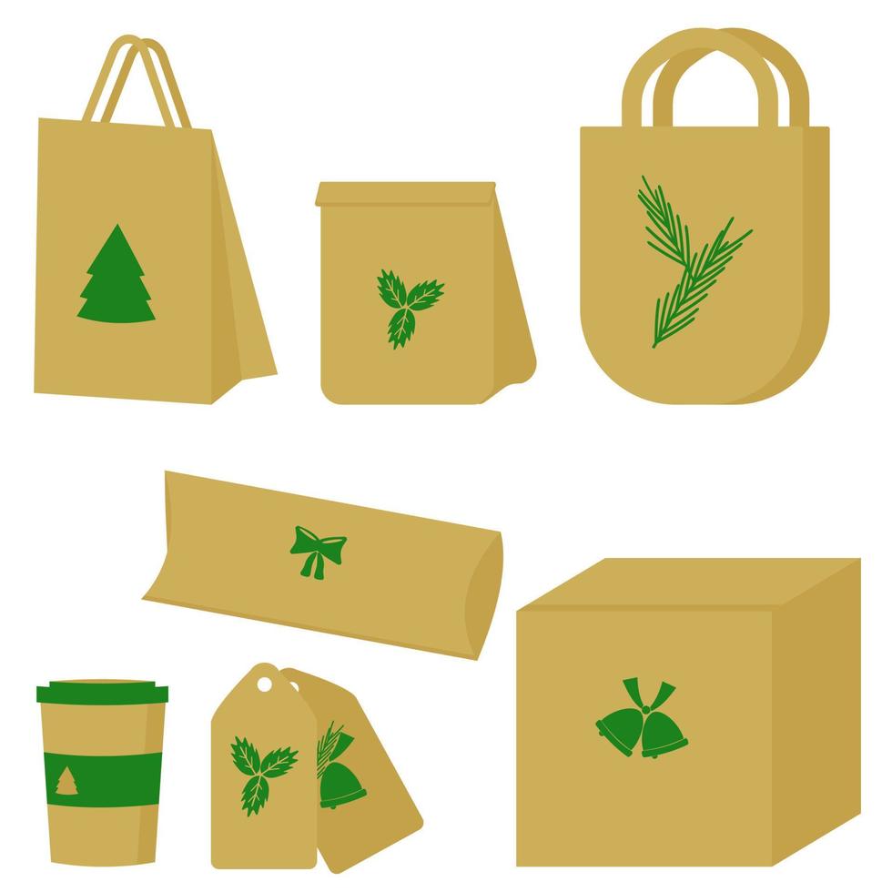 ensemble d'emballages pour la nourriture ou les achats dans un style écologique pour noël, papier brun ou carton dans la conception d'emballages, de sacs, d'étiquettes, de boîtes et d'un verre de boisson, silhouettes vertes de symboles de vacances vecteur