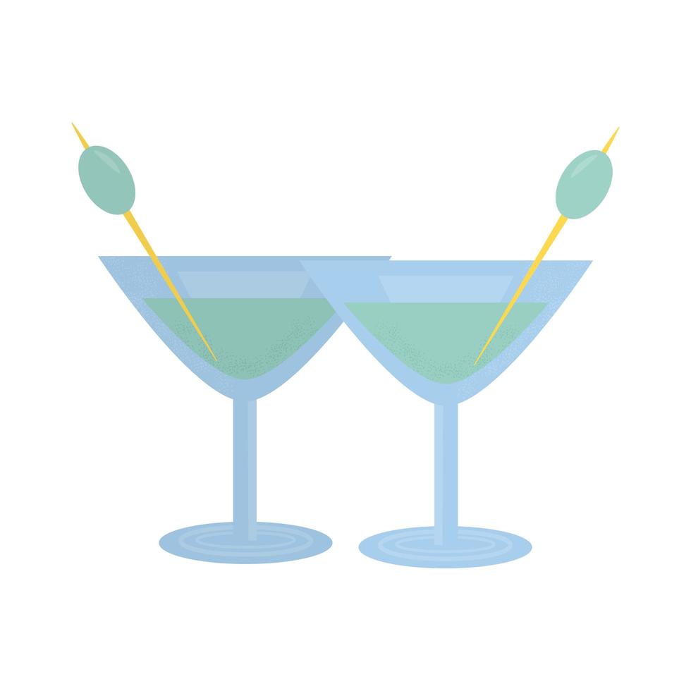 deux verres à martini aux olives. élément de fête, pub, restaurant ou club. cocktail d'alcool au vermouth. illustration vectorielle, isolée sur fond blanc. vecteur