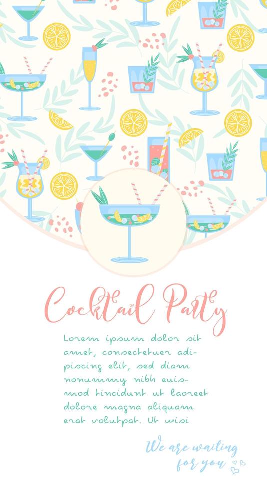 bannière de flyer de soirée cocktail dans une couleur tendance. boissons estivales au citron, aux baies, à la menthe, à la glace et à la paille. invitation à une fête, un pub, un restaurant ou un club. cocktail d'alcool frais et froid. illustration vectorielle. vecteur