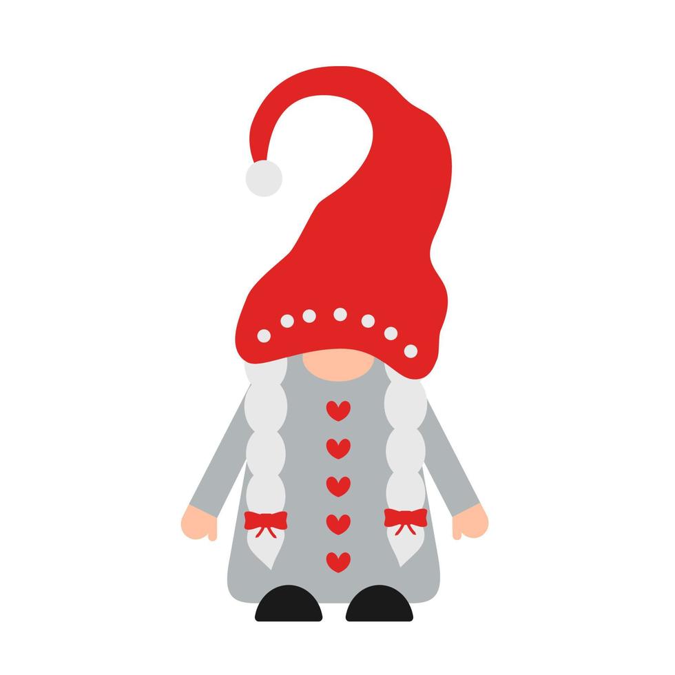 gnome de jolie fille pour noël ou la saint valentin isolé sur blanc. personnage de dessin animé nordique scandinave. modèle vectoriel pour bannière, affiche, carte de voeux, t-shirt, etc.