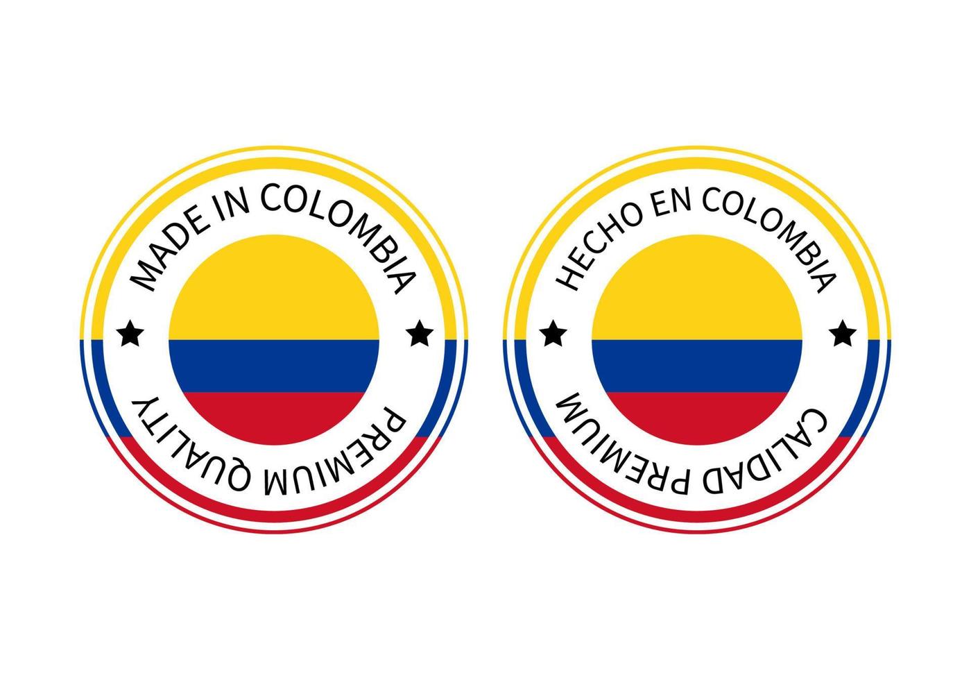 made in colombia étiquettes rondes en anglais et en espagnol. icône de vecteur de marque de qualité. parfait pour la conception de logo, les étiquettes, les badges, les autocollants, l'emblème, l'emballage du produit