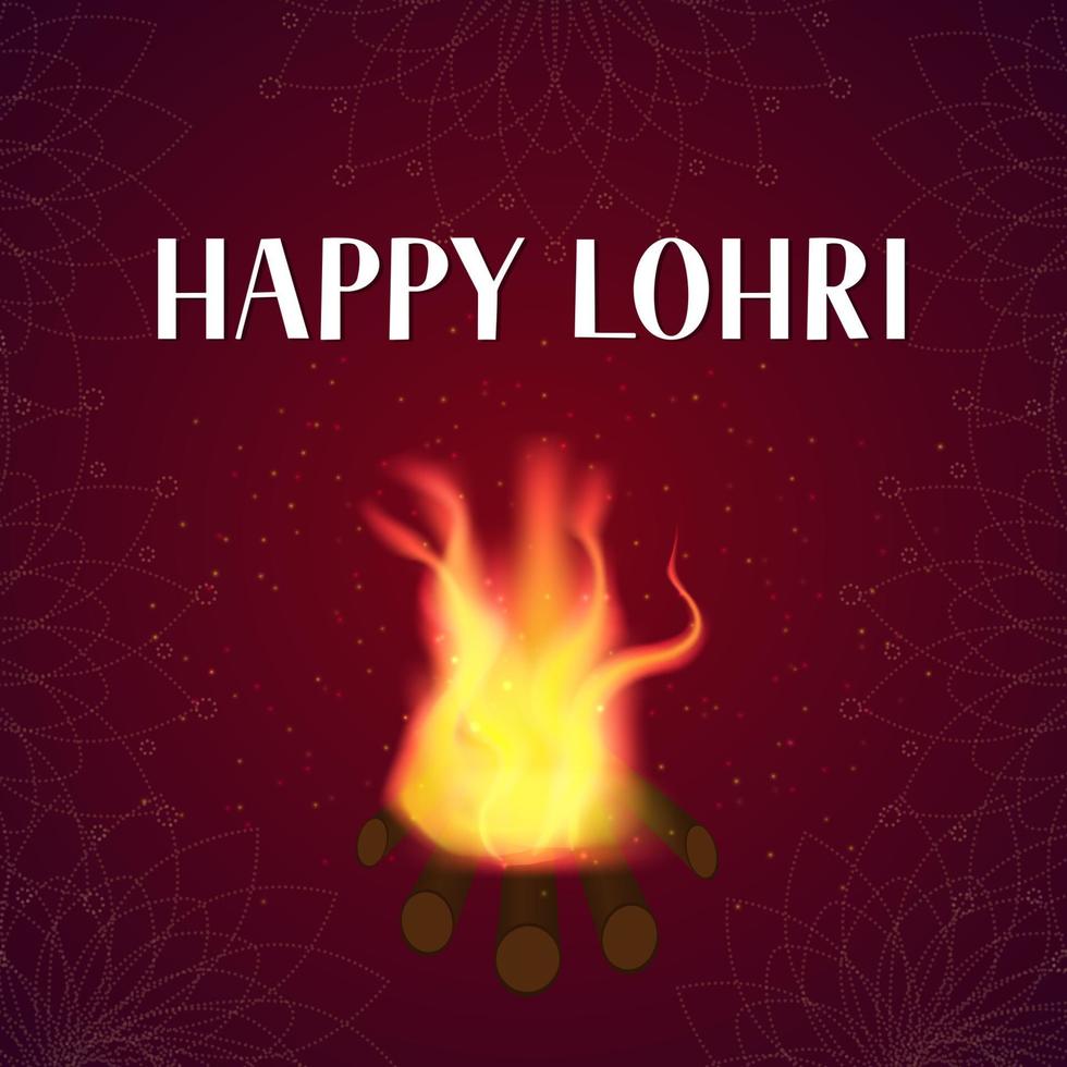 lettrage lohri heureux avec le feu sur fond sombre. festival indien traditionnel indien du solstice d'hiver. affiche de célébration hindoue. modèle vectoriel pour carte de voeux, invitation à une fête, bannière, flyer.