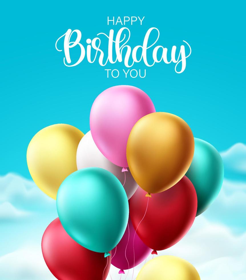 conception de vecteur de ballons joyeux anniversaire. texte d'anniversaire avec un tas coloré d'éléments de ballon volant pour les célébrations d'anniversaire et la carte d'invitation. illustration vectorielle