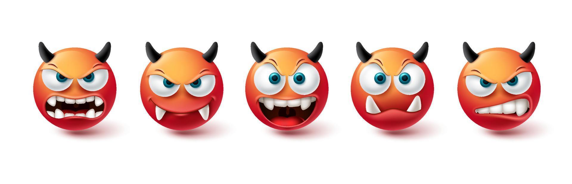 ensemble de vecteurs de visage maléfique emoji. émoticône mauvaise, monstre, démon et collection d'icônes rouges effrayantes isolées sur fond blanc pour la conception d'éléments graphiques. illustration vectorielle vecteur