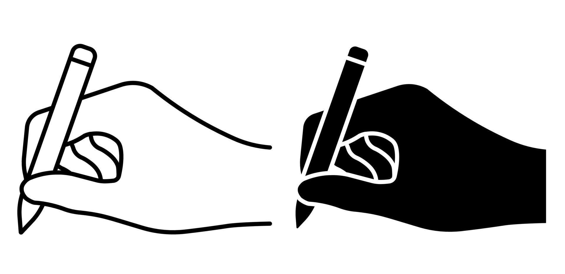 icône linéaire. stylo à bille dans la main de l'auteur. signature sur papier de l'écrivain ou de l'artiste. vecteur noir et blanc simple isolé sur fond blanc