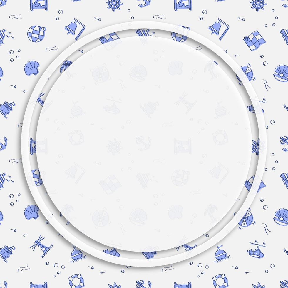 cadre de cercle, fond sur un motif transparent avec des icônes linéaires de doodle. sous-marin, bouée de sauvetage, bouée sur les vagues, boussole, carte. publication sur les réseaux sociaux vecteur