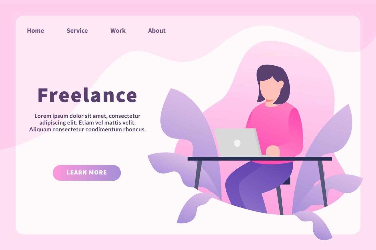 une femme indépendante ou indépendante travaille sur un ordinateur portable sur une table de bureau pour un modèle de site Web ou une page d'accueil de destination vecteur