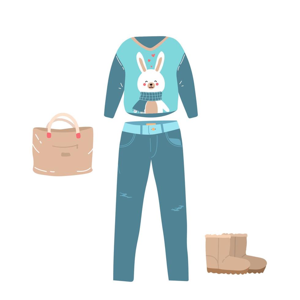 ensemble de vêtements d'hiver composé de vêtements pour femme, pantalons, chaussures, pull avec lapin mignon. vêtements colorés, vêtements chauds et lumineux, magasin de vêtements. vecteur plat. illustration dessinée à la main