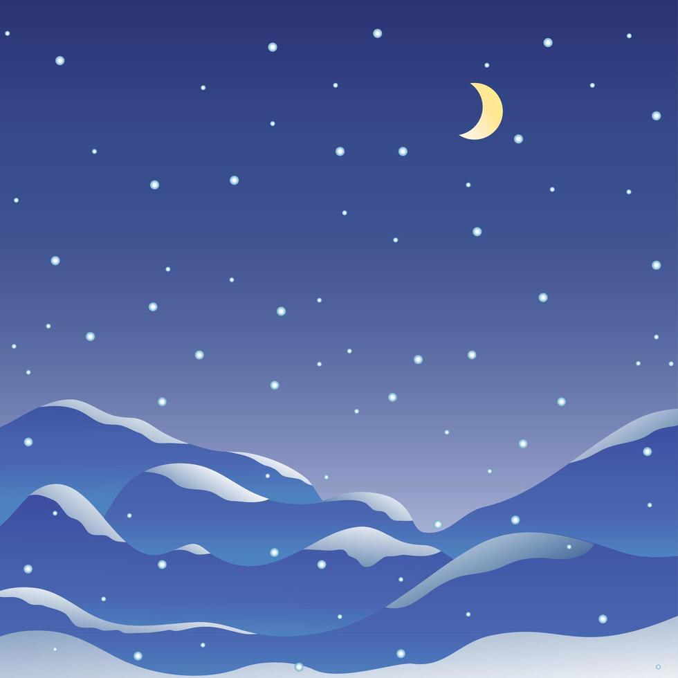 ciel nocturne étoilé bleu marine ou chute de neige et lune et montagnes, beau fond de paysage hivernal pour votre texte ou toute conception hivernale. illustration vectorielle vecteur