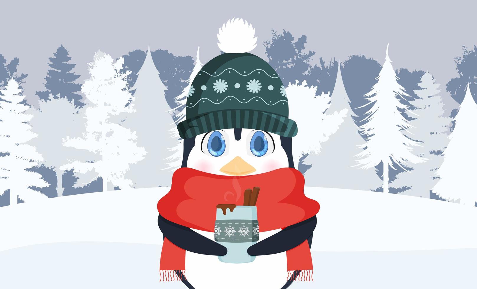 bonnet tricoté, écharpe rouge, boisson chaude, hivernale, café ou café au lait. un petit pingouin mignon dans un chapeau d'hiver et une écharpe tient une boisson chaude dans ses mains. carte postale prête. illustration vectorielle. vecteur