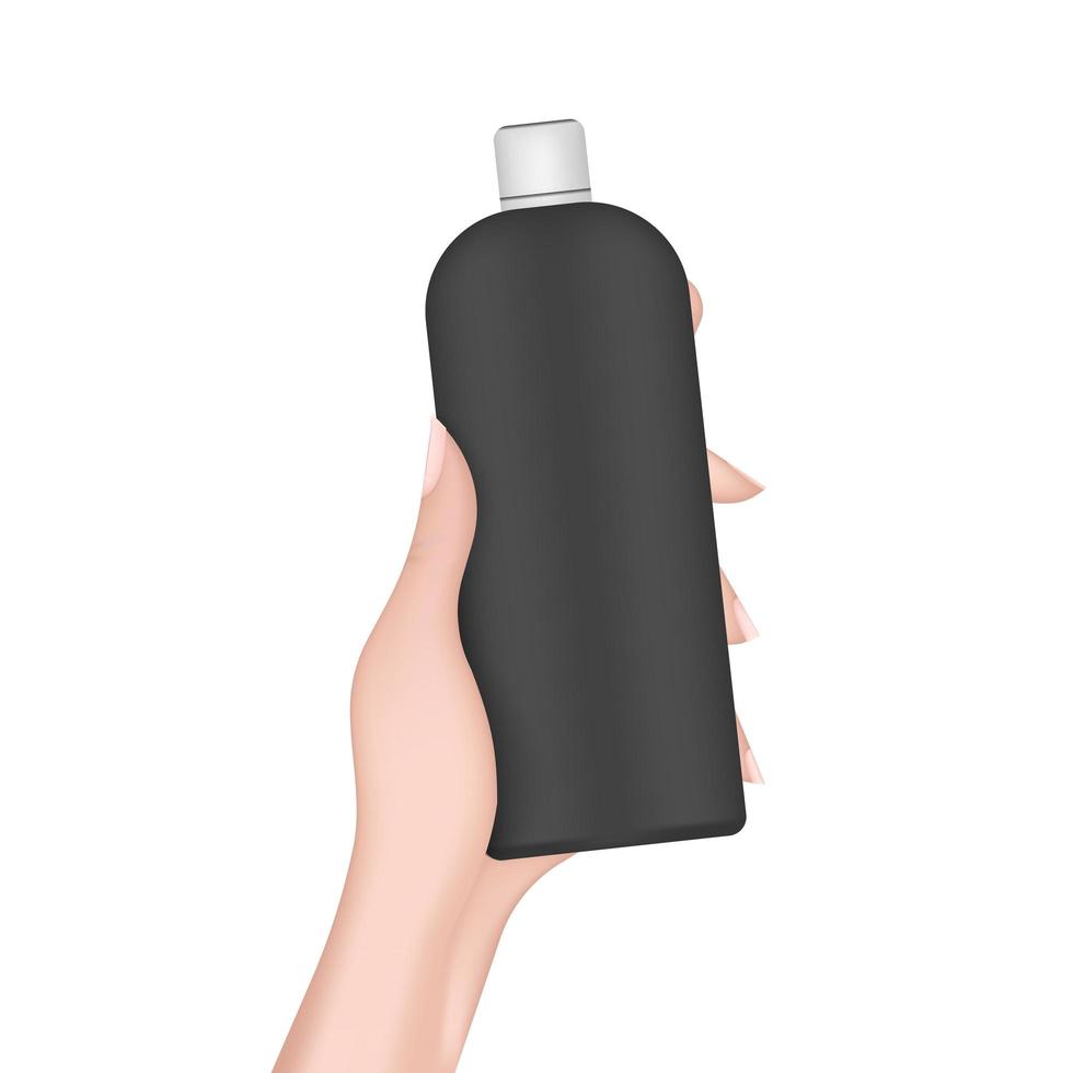 la main tient une bouteille en plastique noire. main féminine réaliste avec une bouteille. bon pour le shampooing ou le gel douche. isolé. vecteur. vecteur