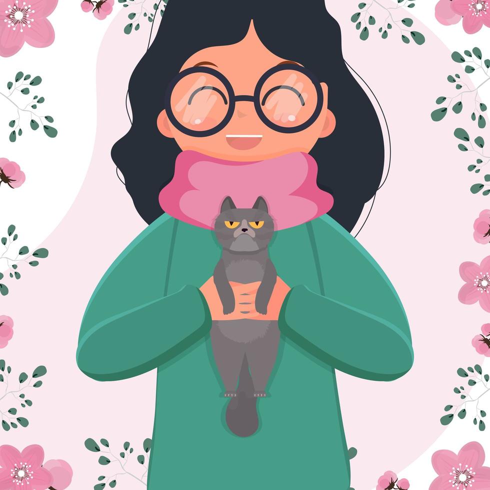 fille d'enfant d'âge préscolaire heureux tenant un chat dans ses bras. personnage de dessin animé pour enfants avec un chat. illustrations vectorielles isolées à plat. vecteur