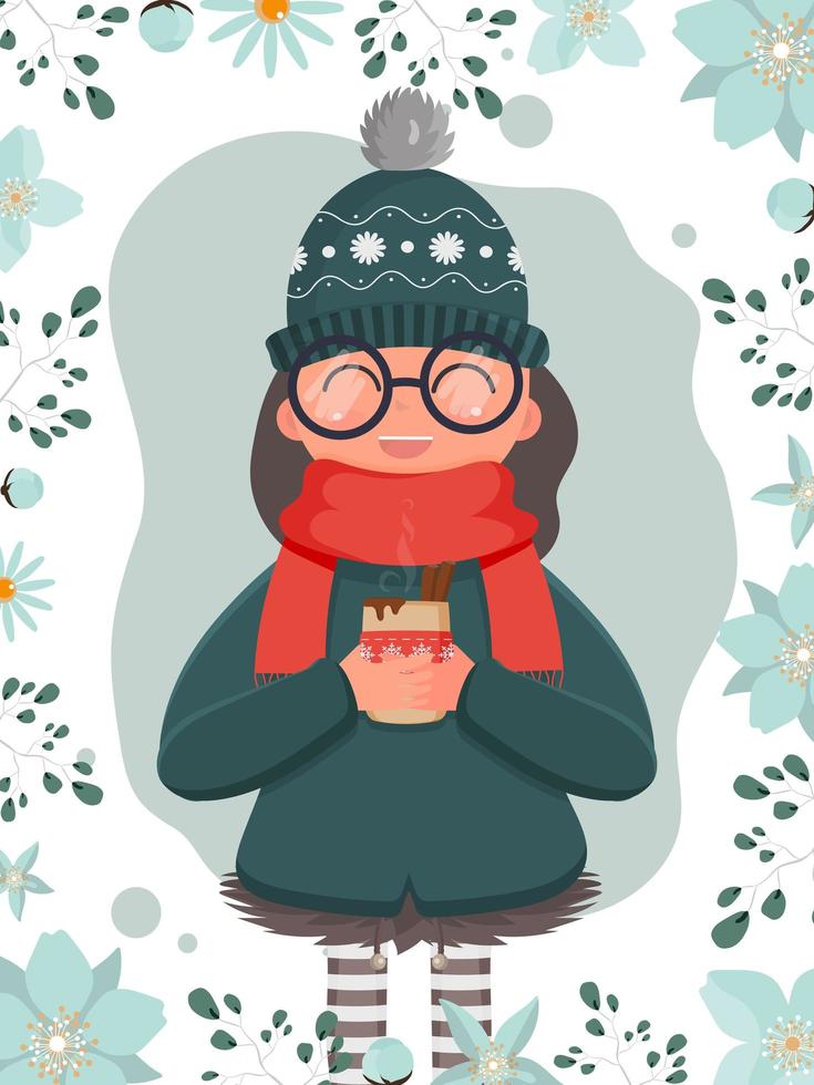 une fille en vêtements d'hiver chauds tient une tasse avec une boisson chaude dans ses mains. illustration vectorielle. carte prête avec des fleurs. vecteur